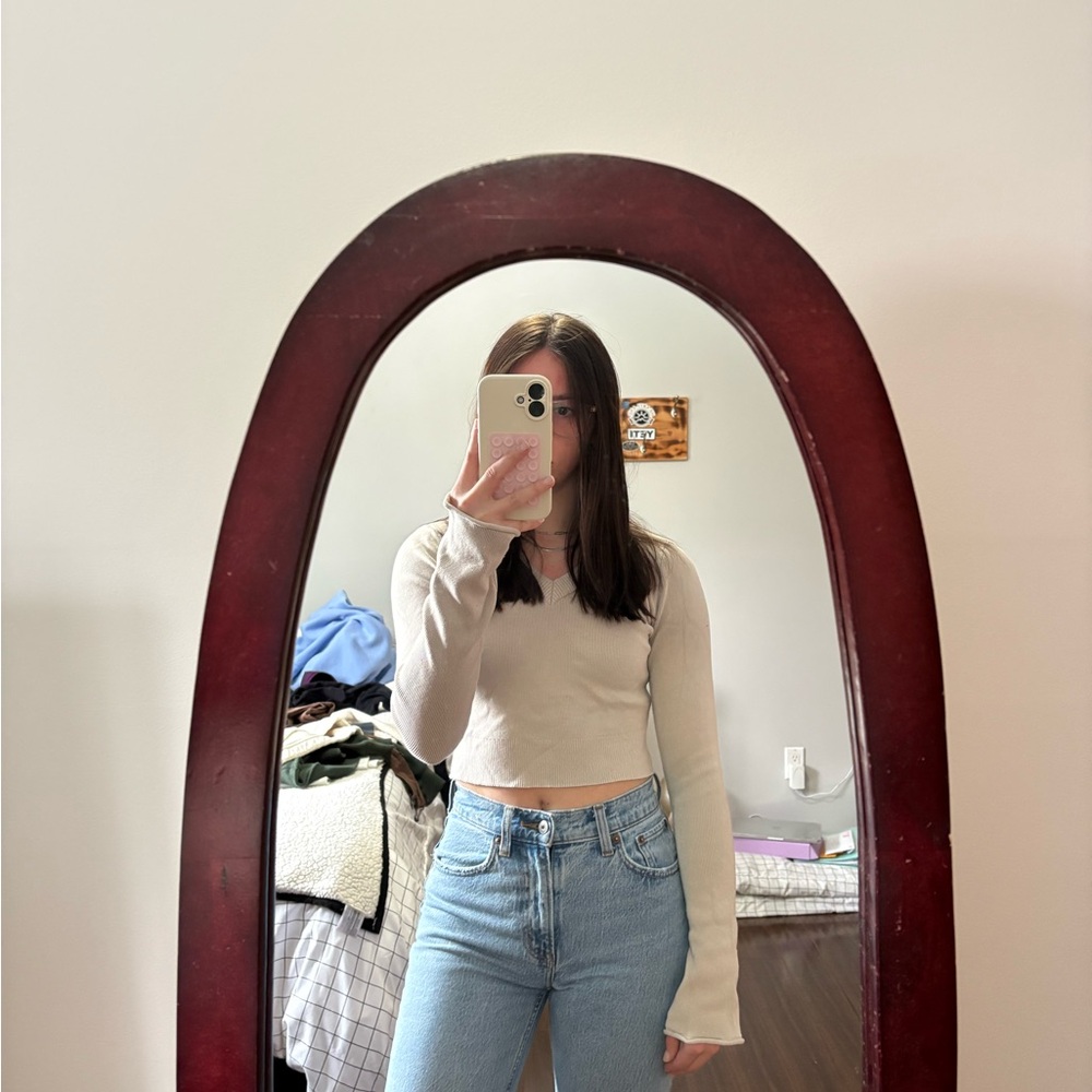 Garage Beige Ribbed Knit Top